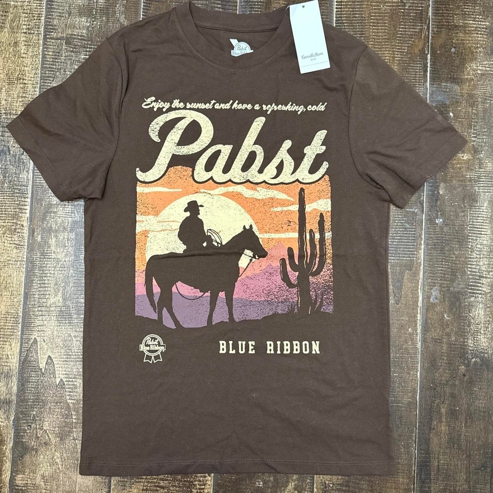 Goodfellow & Co Pabst Blue Ribbon Brown Graphic Tee Cowboy Graphic T-Shirt